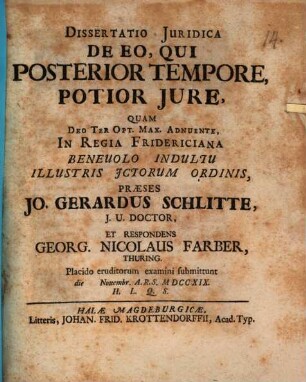 Dissertatio juridica De eo, qui posterior tempore, potior jure