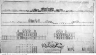 Concorso Clementino 1705, Bauaufgabe Palast für drei Fürsten, Aufrisse und Grundrisse der Gesamtanlage