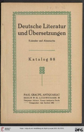 Nr. 88: Katalog / Paul Graupe, Antiquariat: Deutsche Literatur und Übersetzungen