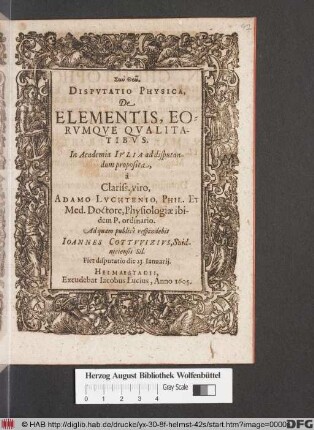 Disputatio Physica, De Elementis, Eorumque Qualitatibus
