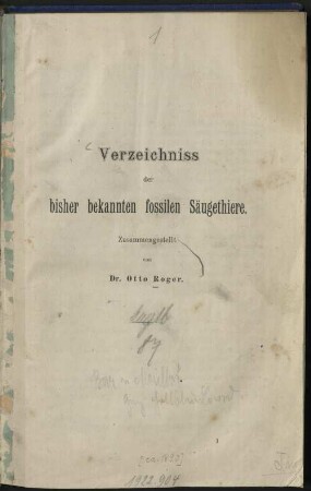 Verzeichniss der bisher bekannten fossilen Säugethiere