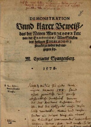 Demonstration vnd klarer Beweiß das der Newen Manicheer Lere von der Erbsünde, allen Stücken des H. Catechismi stracks zuwider vnd entgegen sey