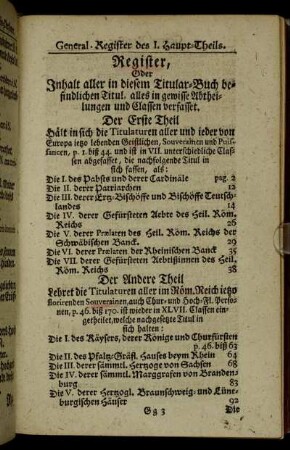 Register, Oder Inhalt aller in diesem Titular-Buch befindlichen Titul, alles in gewisse Abtheilungen und Classen verfasset.