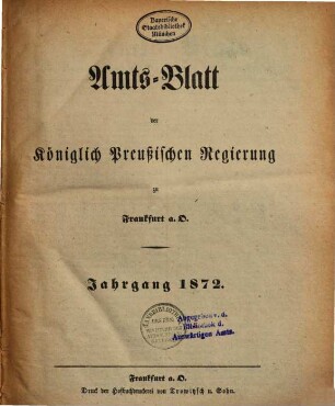 Amtsblatt der Regierung zu Frankfurt a.d. Oder. 1872