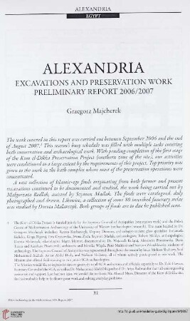 19: Alexandria : excavations and preservation work preliminary report 2006/2007