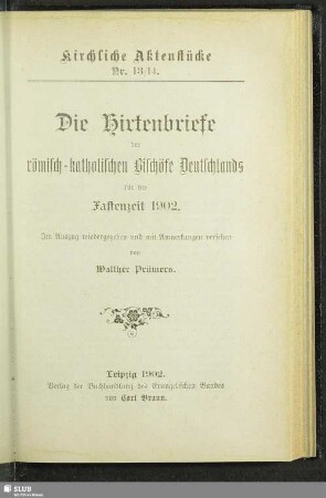 Die Hirtenbriefe der römisch-katholischen Bischöfe Deutschlands für die Fastenzeit 1902