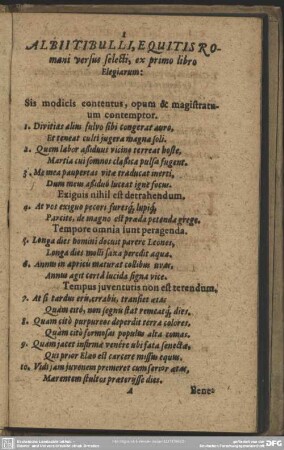 Albii Tibulli, Equitis Romani versus selekti, ex primo libro Elegiarum
