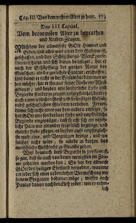 Das III. Capitel. Vom bequemsten Alter zu heyrathen und Kinder-Zeugen.