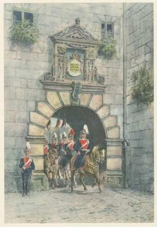 Ausritt des Ulanen-Regiments (König Karl) Nr. 19 in Uniform mit Zierhelm und Lanzen zu Pferd aus der Zeughaus-Kaserne in Ulm und Wachhabender im Achtungserweis