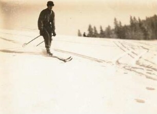 Skischule. Schußfahrt. Aufrechte Haltung