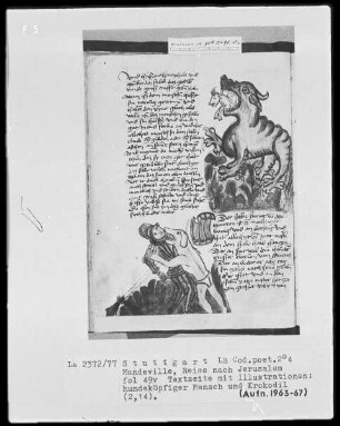 Jean de Mandeville, Reise nach Jerusalem — Textseite mit zwei Illustrationen, Folio 49verso