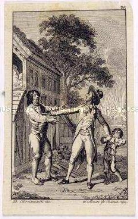 Ein Offizier raubt einen Knaben und bedroht dessen Vater mit der Pistole - Illustration zum "Taschenbuch von J. G. Jacobi und seinen Freunden" aus dem Jahre 1795