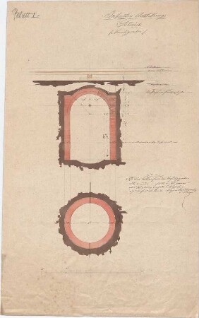 Voit, August von; München; Glaspalast - Versitzgruben (Grundriss, Längsschnitt)