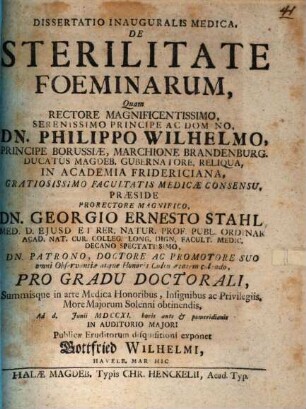Dissertatio inauguralis medica de sterilitate foeminarum