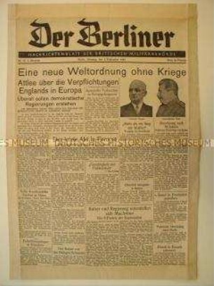 Tageszeitung der britischen Militärbehörde für die Berliner Bevölkerung u.a. zur Besetzung Japans durch die Alliierten nach der Kapitulation