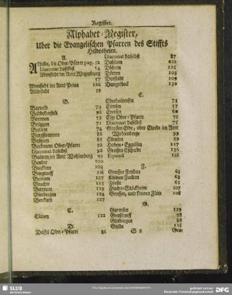 Alphabet-Register, Uber die Evangelischen Pfarren des Stiffts Hildesheim