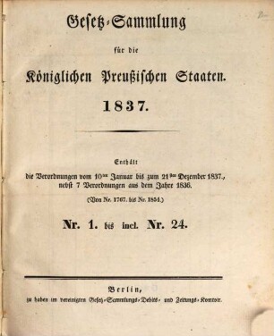 Gesetzsammlung für die Königlich-Preußischen Staaten : enth. d. Verordnungen vom ... 1837, 1837
