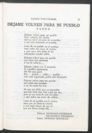 Déjame volver para mi pueblo : Tango