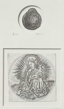 zwei Abbildungen: oben Madonna mit Kind auf Mondsichel, Halbfigur & unten: Madonna in der Strahlenglorie