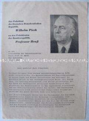 Flugblatt mit dem Wortlaut des Offenen Briefes von Wilhelm Pieck an Bundespräsident Heuß vom 2. November 1951