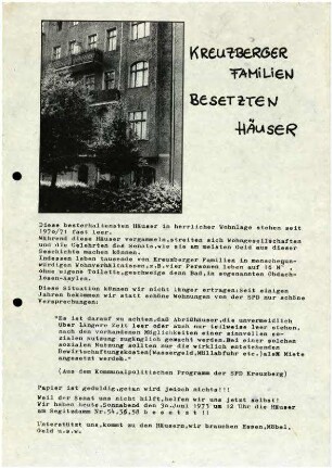 Flugschrift: Kreuzberger Familien besetzen Häuser, 1973