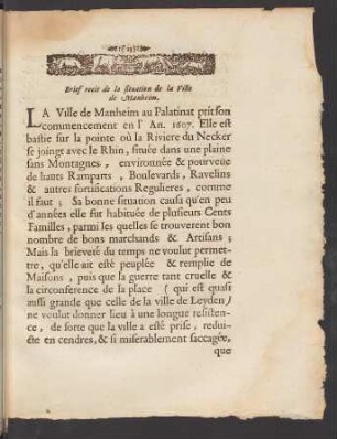 Brief recit de la situation de la Ville de Manheim.