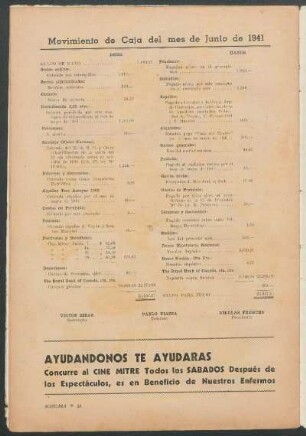 Movimiento de Caja del mes de Junio de 1941
