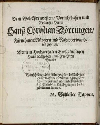 Dem Wol-Ehrenvesten [...] Hans Christian Dörringen/ [...].