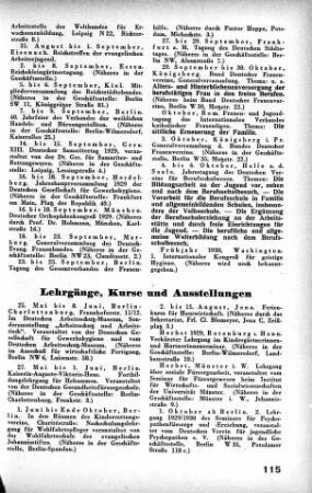 Lehrgänge, Kurse und Ausstellungen
