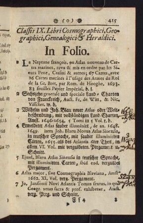 415-436, Classis IX. Libri Cosmographici, Geographici, Genealogici & Heraldici