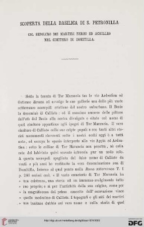 2.Ser.5.1874: Scoperta della Basilica di S. Petronilla : col sepolcro dei martiri Nereo ed Achilleo nel cimitero di Domitilla