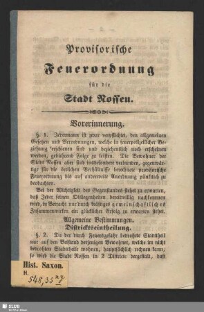 Provisorische Feuerordnung für die Stadt Nossen