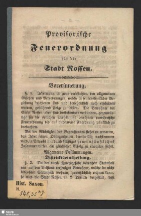 Provisorische Feuerordnung für die Stadt Nossen