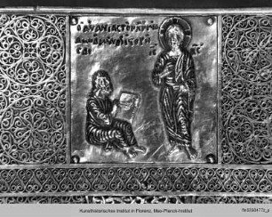Mandylion : Äußerer Paläologischer Rahmen mit Szenen der Mandylion-Legende : Anania versucht ein Porträt von Christus zu zeichnen