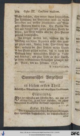 Summarisches Verzeichnis derer in diesem ersten Theil befindlichen Abhandlungen, und angefügten Consiliorum.