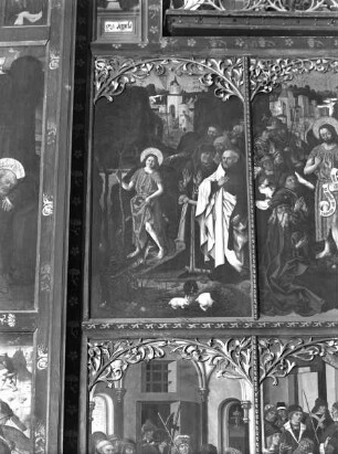 Altar in erster Öffnung — Szenen aus dem Leben Johannes des Täufers — Rechter Innenflügel: Vier Szenen aus dem Leben des Heiligen — Johannes verläßt seine Eltern, um in die Wüste zu gehen