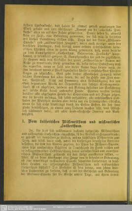 1. Vom lutherischen Missourithum und missourischen Lutherthum