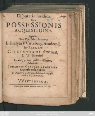 Disputatio Iuridica De Possessionis Acquisitione