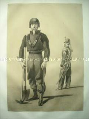 Uniformdarstellung, Sappeur in Graben-Uniform und Fahrer des Genie-Korps, Frankreich, 1859. Tafel 50 im Buch: Armand-Dumaresq: Uniformes de l'Armée Française.