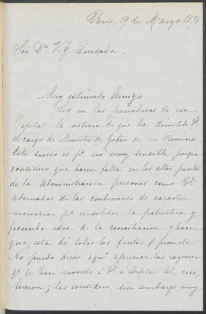 [Carta de Mariano Balcarce a Vicente Quesada en español, París, 19 de marzo de 1878]