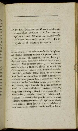 [VIII. D. Ioh. Iac. Griesbach, Commentatio, de imaginibus indaieis, quibus auctor epistolae ad Hebraeos in describenda Messiae provincia usus est.]