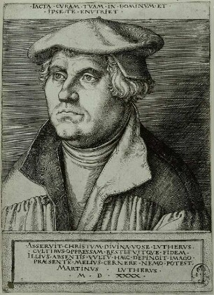 Bildnis Martin Luther : Aldegrever, Heinrich: Bildnis Martin Luther. Kupferstich. Dresden: Kupferstich-Kabinett B. 184, Singer 57872 (Verlust)