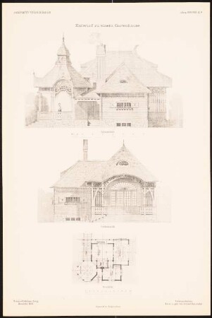 Gartenhaus: Seitenansicht, Vorderansicht, Grundriss (aus: Entwürfe von Mitgl. d. AVB, Neue Folge 1899/00)