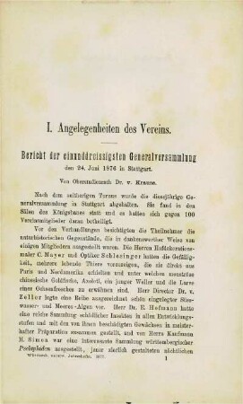 Bericht der einunddreissigsten Generalversammlung den 24. Juni 1876 in Stuttgart