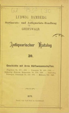 Ludwig Bamberg, Sortiments- u. Antiquariatshandlung in Greifswald : Antiquarischer Catalog. [Umschlagt.]. 30