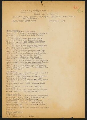 Festspielhaus, Worms: Schriftstück zum Fragebogen für das Handbuch »Das Deutsche Theater«