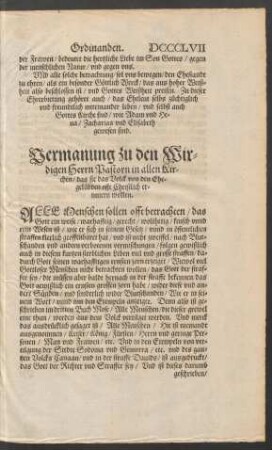 Vermanung zu den Wirdigen Herrn Pastorn in allen Kirchen ...