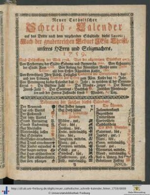 Neuer Catholischer Schreib-Kalender.