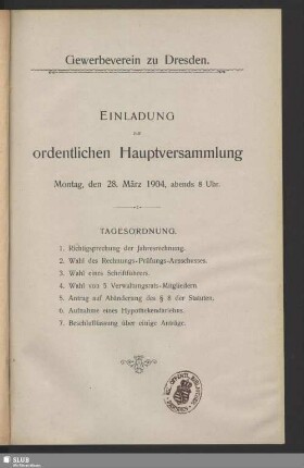 Einladung zur ordentlichen Hauptversammlung Montag, den 28. März 1904, abends 8 Uhr