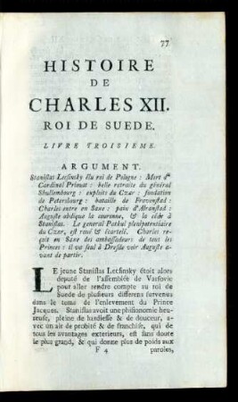 Histoire De Charles XII. Roi De Suede. Livre Troisieme.